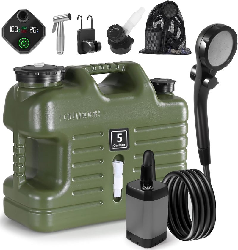 Digury Portable Camping Shower with 5 Gallon Water Jug, 6000mAh Rechargeable Outdoor Camping Shower Kit, IPX7 Waterproof Pump BPA Free Water Containers Camp Essentials - Image 1